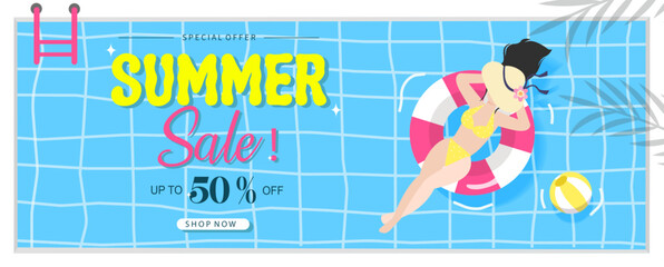 Summer sale banner design with young woman swims, tanning on life buoy in swimming pool, top view background. Vector illustration