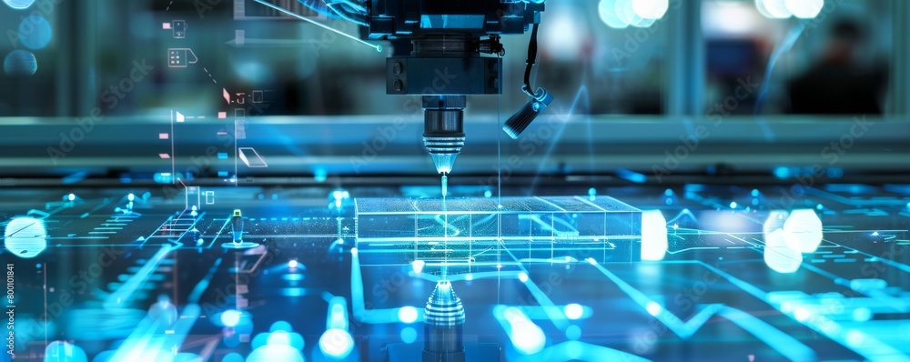 Poster robotic arm in automated factory precisely cutting glass with advanced laser technology