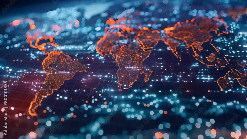 Poster digital world map with glowing connectivity lines and nodes