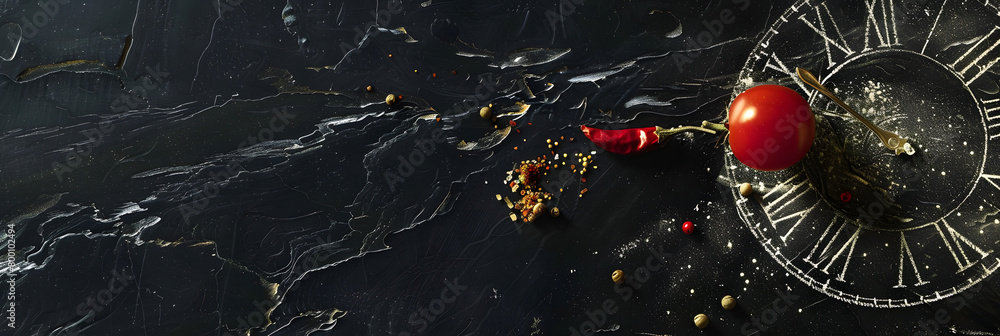 Poster top down view of a black, flat matte surface. a simple chalk drawing of a clock face and various foo