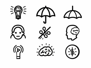 a set of black and white icons with a light bulb