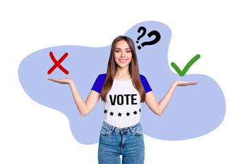 Composite photo collage of happy girl hold hands palm check mark cross yes vs no election vote democracy isolated on painted background