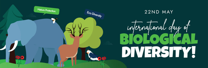 International day of Biological diversity cover banner. 22nd May 2024 International biodiversity day celebration cover banner with elephant, deer, flowers, trees, birds on dark green background.