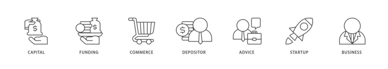 Angel investor icons set collection illustration of capital, funding, commerce, depositor, advice, startup and business icon live stroke and easy to edit 