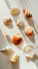 Aesthetic top view of white seashells on light background. Sun rays and shadows, minimalist sea concept. Generative AI