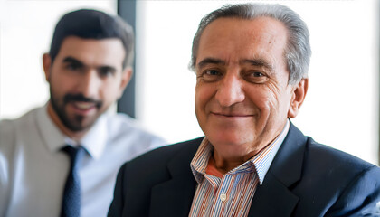 The sweet elderly businessman, smiling towards the camera in close-up