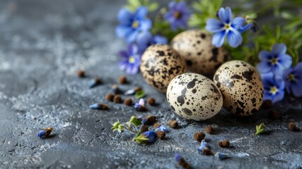 Still life of speckled quail eggs surrounded by blue flowers and seeds on a dark slate background.