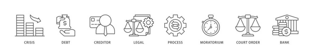 Bankruptcy icons set collection illustration of bank ,court order, legal, moratorium, process, creditor, debt, crisis icon live stroke and easy to edit 