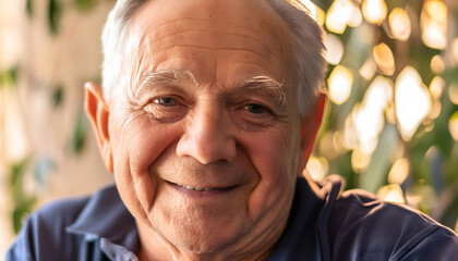 The sweet elderly man, smiling towards the camera in close-up