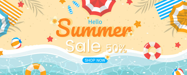 Summer sale promotion banner. Top view of sunny beach side with ocean wave, inflatable ring, star fish, parasol and tropical leaves on sand.