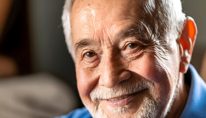 The sweet elderly man, smiling towards the camera in close-up