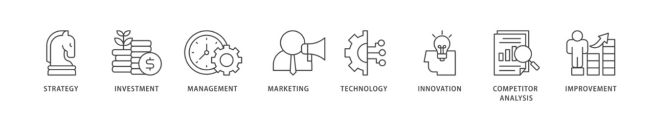 Business development icons set collection illustration of strategy, investment, management, marketing, technology, innovation icon live stroke and easy to edit 
