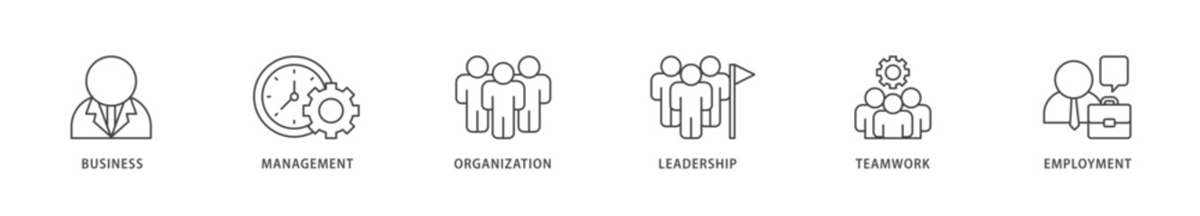 Business management icons set collection illustration of business, management, organization, leadership, teamwork and employment icon live stroke and easy to edit 