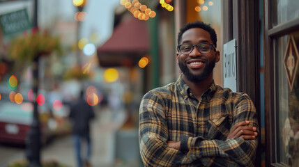 A black business owner in nerdy glasses in from of his  store . Against a backdrop of a vibrant city neighborhood,  economic empowerment and community revitalization. 