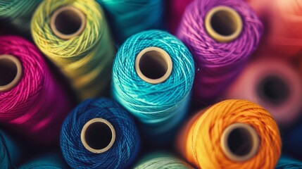Close-up of colorful sewing thread spools arranged in rows, crafting concept.