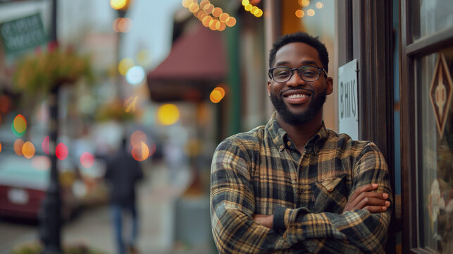 A black business owner in nerdy glasses in from of his  store . Against a backdrop of a vibrant city neighborhood,  economic empowerment and community revitalization. 