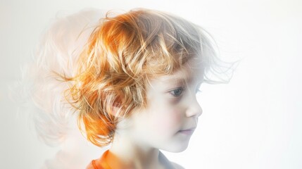 Creative double exposure portrait of a young child, blending curiosity with an ethereal aesthetic.