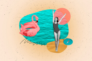 Composite photo collage of happy girl stand tan flamingo lifebuoy ocean resort vacation weekend compass isolated on painted background