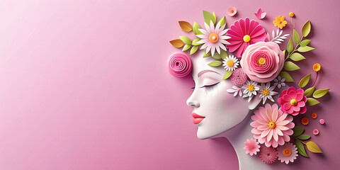 Beautiful illustration of face and flowers style paper cut  with copy space for international women's day