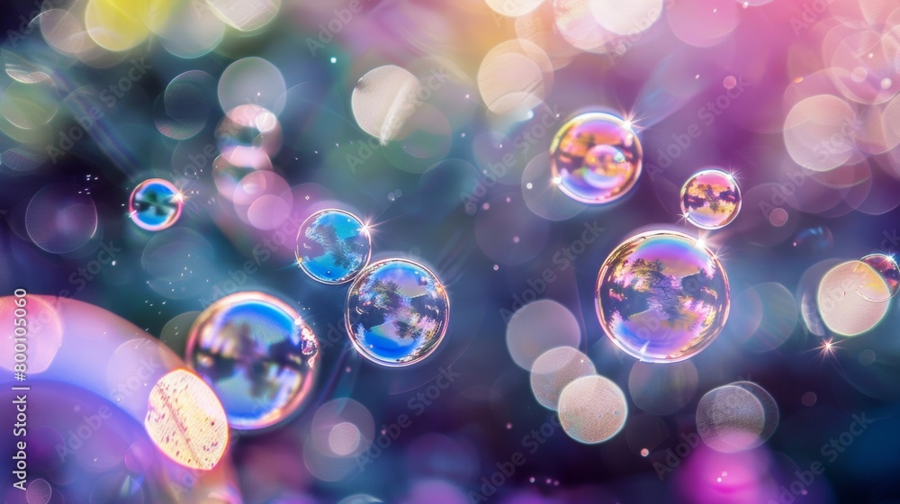 Poster multiple iridescent soap bubbles floating beautifully against a bokeh light background.