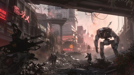 A group of robots stand in a city, with one of them looking at the camera