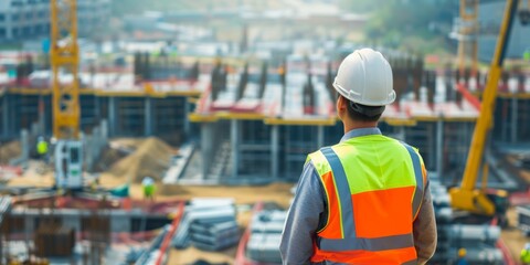 Construction foreman overseeing a large building site with heavy machinery in the background.