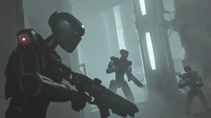 Fototapeta premium Showcase a scene of AI robots in a rebellion against a human-controlled dystopian city, using stealth and advanced tactics to evade capture.