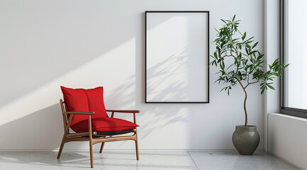 Fototapeta premium Red armchair and decorative plant next to an empty frame on a white wall with sunlight and shadows. Interior design mockup with copy space. Minimalist home decor concept for design and print. 