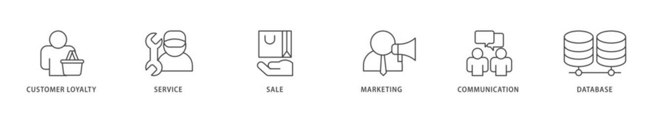 CRM icons set collection illustration of customer loyalty, service, sale, marketing, communication, and database icon live stroke and easy to edit 