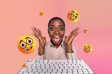 Photo collage picture young happy joyful woman keyboard computer equipment emoticon face expression...