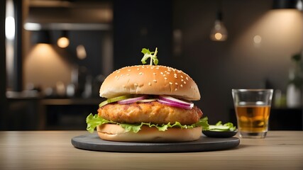 A chicken burger was placed on the table.