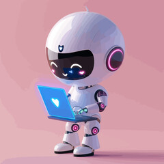 a robot with a laptop on a pink background