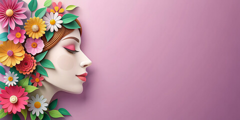 Beautiful illustration of face and flowers style paper cut with copy space for international women's day