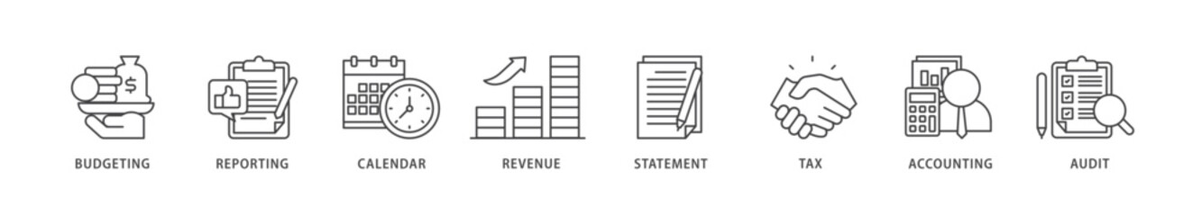 Fiscal year icons set collection illustration of budgeting, reporting, calendar, revenue, statement, tax, accounting, audit icon live stroke and easy to edit 
