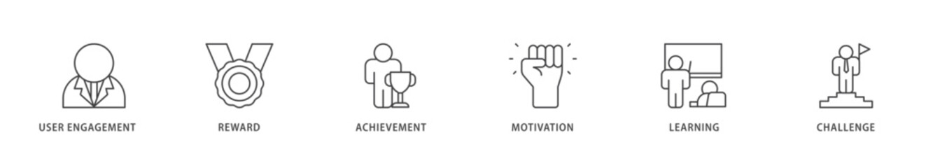 Gamification icons set collection illustration of user engagement, reward, achievement, motivation, learning, and challenge icon live stroke and easy to edit 