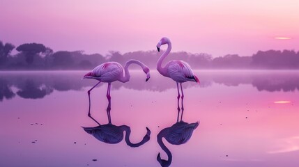 Two pink flamingos standing in a lake with a pink sky in the background