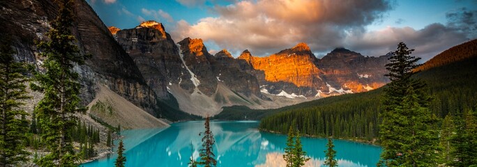 Golden Hour Magic: Sunset Over Ten Peaks at Moraine Lake, Banff National Park, Alberta, Canada -...