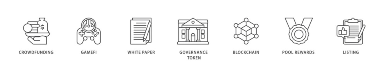 IGO icons set collection illustration of crowdfunding, gamefi, white paper, governance token, blockchain, pool rewards and listing icon live stroke and easy to edit 