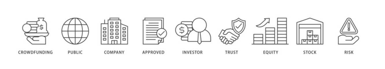 Ipo icons set collection illustration of crowdfunding, public company, approved, investor, trust, equity, stock and risk icon live stroke and easy to edit 