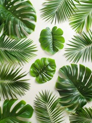 Green tropical, palm leaves, leaf branches on white background. flat lay, top view