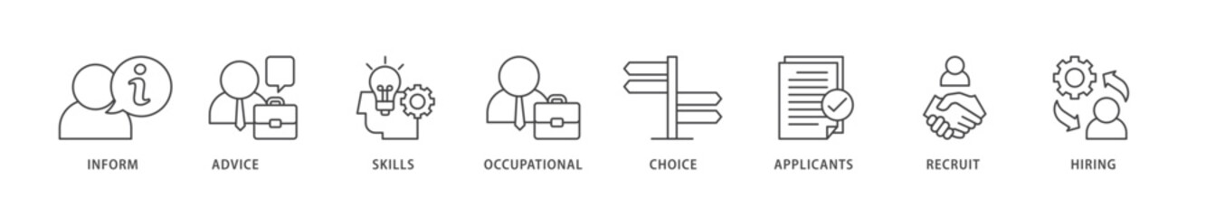 Job fair icons set collection illustration of the information, advice, skills, occupational, applicants, recruit, and hiring icon live stroke and easy to edit 
