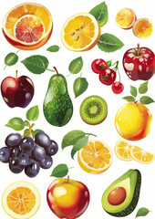 a bunch of different fruits and vegetables on a white background
