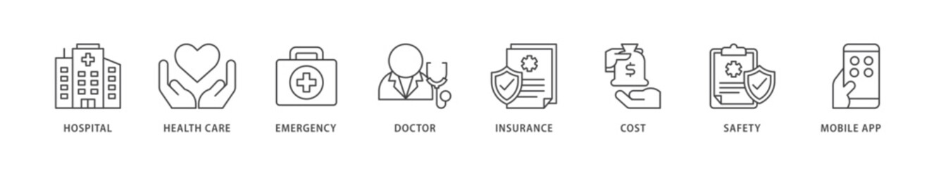 Medical care icons set collection illustration of hospital, health care, emergency, doctor, insurance, cost, safety, mobile app icon live stroke and easy to edit 