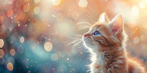 Orange tabby kitten looking up with light bokeh background