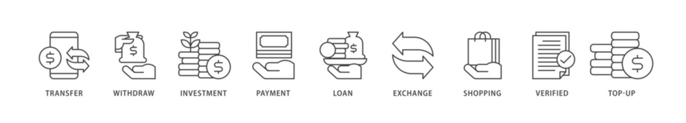 Mobile banking icons set collection illustration of transfer, withdraw, investment, payment, loan, exchange, shopping, verified and top up icon live stroke and easy to edit 