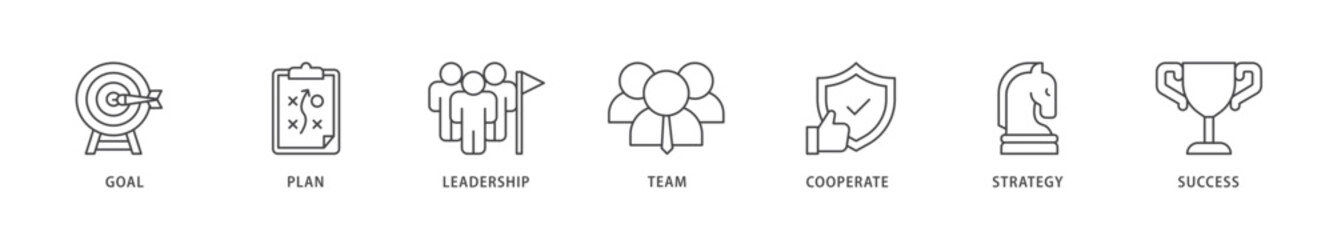 Mission icons set collection illustration of goal, plan, leadership, team, cooperate, strategy and success icon live stroke and easy to edit 