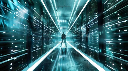 Fototapeta premium A man is walking through a long, narrow hallway with a blue background