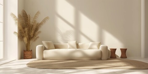 Minimalistic living room with a cream sofa, round rug, pampas grass, and two woven stools