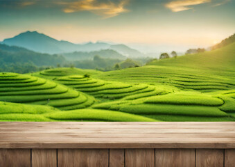 Wooden table top on blur green tea mountain and grass field.Fresh and Relax concept
