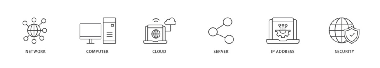 Network technology icons set collection illustration of network, computer, cloud, server, ip address and security icon live stroke and easy to edit 